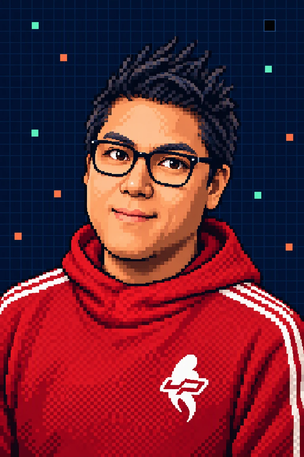 Fernando Pereira as a 16-bit game character in his red Grow uP Esports hoodie