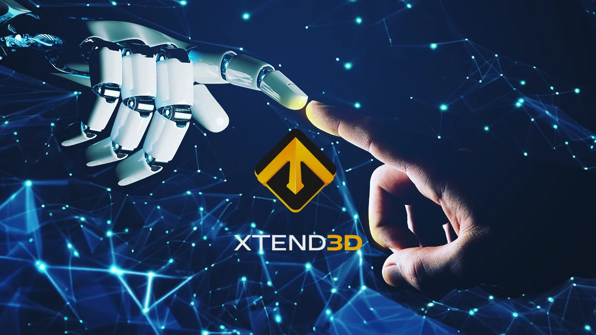 A robotic hand and a human hand reaching toward each other over a network of light, with the xtend3D logo